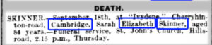 A printed death notice for Sarah Elizabeth Skinner, with three blue rectangular outlines highlighting specific text segments.