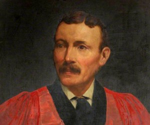 Oil painting of a man with dark hair and a moustache, wearing a white shirt, dark tie, and a red academic gown.