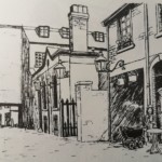 Ink drawing showing a narrow urban passage with brick buildings, a pram, two figures by a doorway, and a handcart on the left.