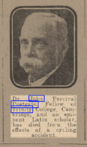 A newspaper clipping showing a portrait of a man with a large moustache above a short text obituary for Dr. John Postgate.