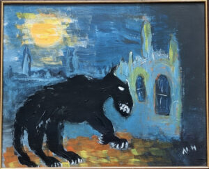 Painting of a black, wolf-like creature with white teeth standing before a blue building under a bright yellow moon.