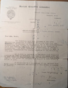 A 1938 typed letter from the Norfolk Education Committee regarding a senior scholarship award for Thomas Anthony Banner.