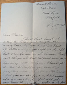 A handwritten letter dated July 12th, 1939, from Arcade House, Kings Lynn, Norfolk, addressed to Christine.